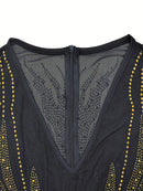 Vestido longo, brilhante justo ao corpo- decote em V profundo.