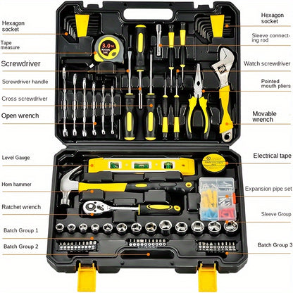 Conjunto de ferramentas manuais de aço carbono com 108 peças.