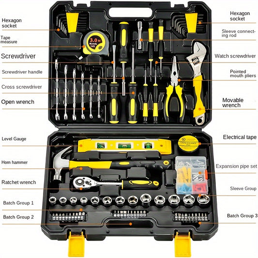 Conjunto de ferramentas manuais de aço carbono com 108 peças.