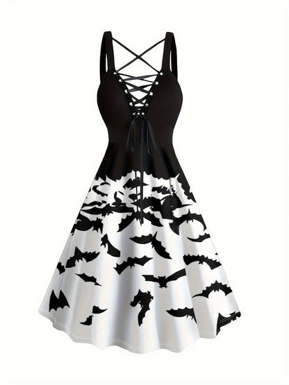 Vestido midi elegante com estampa de abóbora e corte em A.