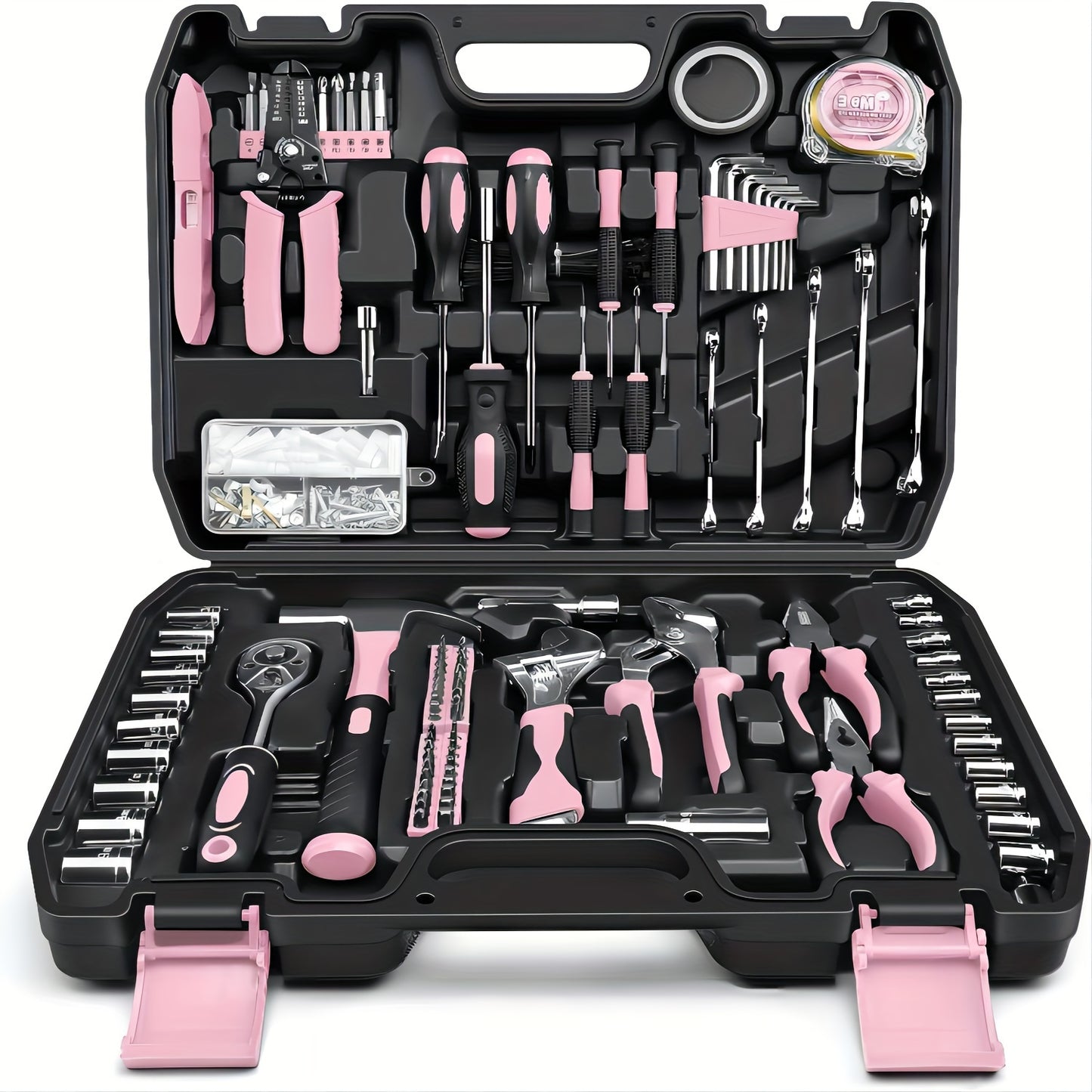 Kit de ferramentas para casa rosa com 281 peças.