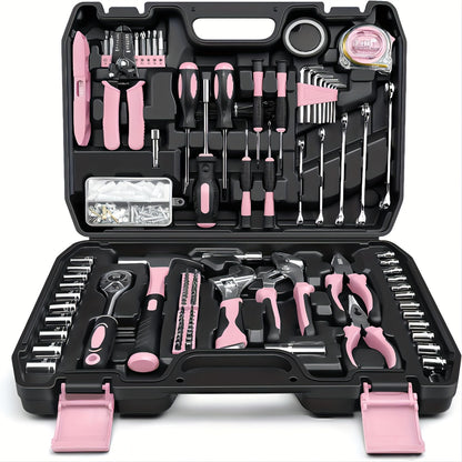 Kit de ferramentas para casa rosa com 281 peças.