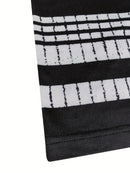 Vestido midi feminino listrado casual de poliéster com decote redondo e ajuste justo.