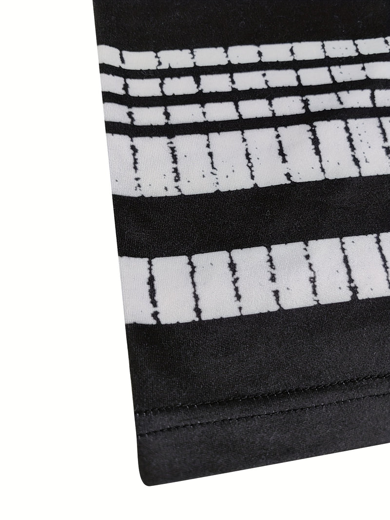 Vestido midi feminino listrado casual de poliéster com decote redondo e ajuste justo.