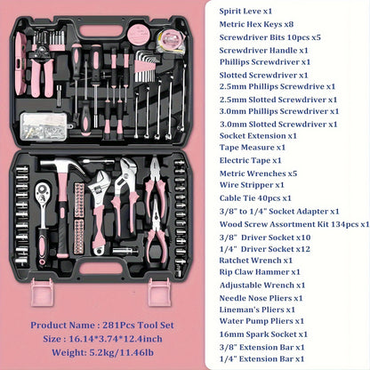 Kit de ferramentas para casa rosa com 281 peças.