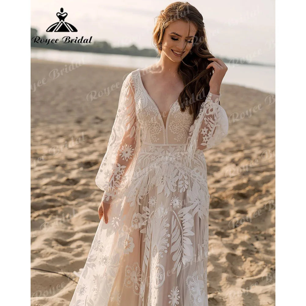Vestido de noiva,com manga comprida e renda