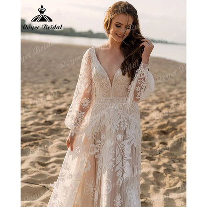 Vestido de noiva,com manga comprida e renda