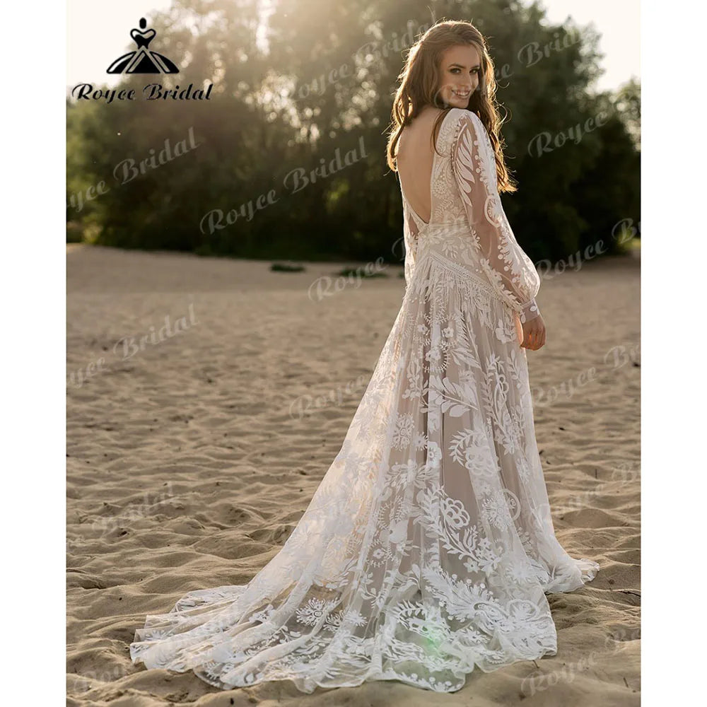 Vestido de noiva,com manga comprida e renda