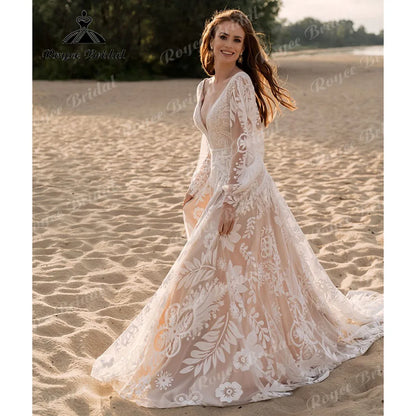 Vestido de noiva,com manga comprida e renda