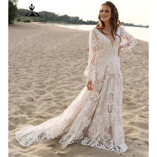 Vestido de noiva,com manga comprida e renda