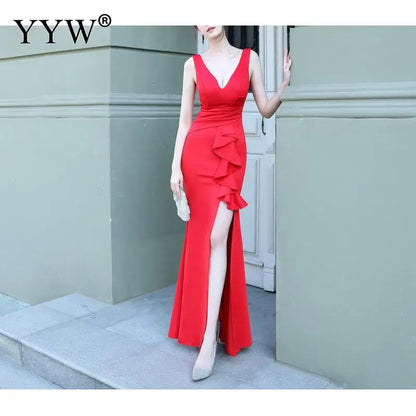 Novo vestido longo de noite feminino sexy com decote em V.