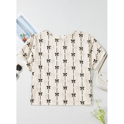 Blusa feminina casual de manga curta com estampa de laço.