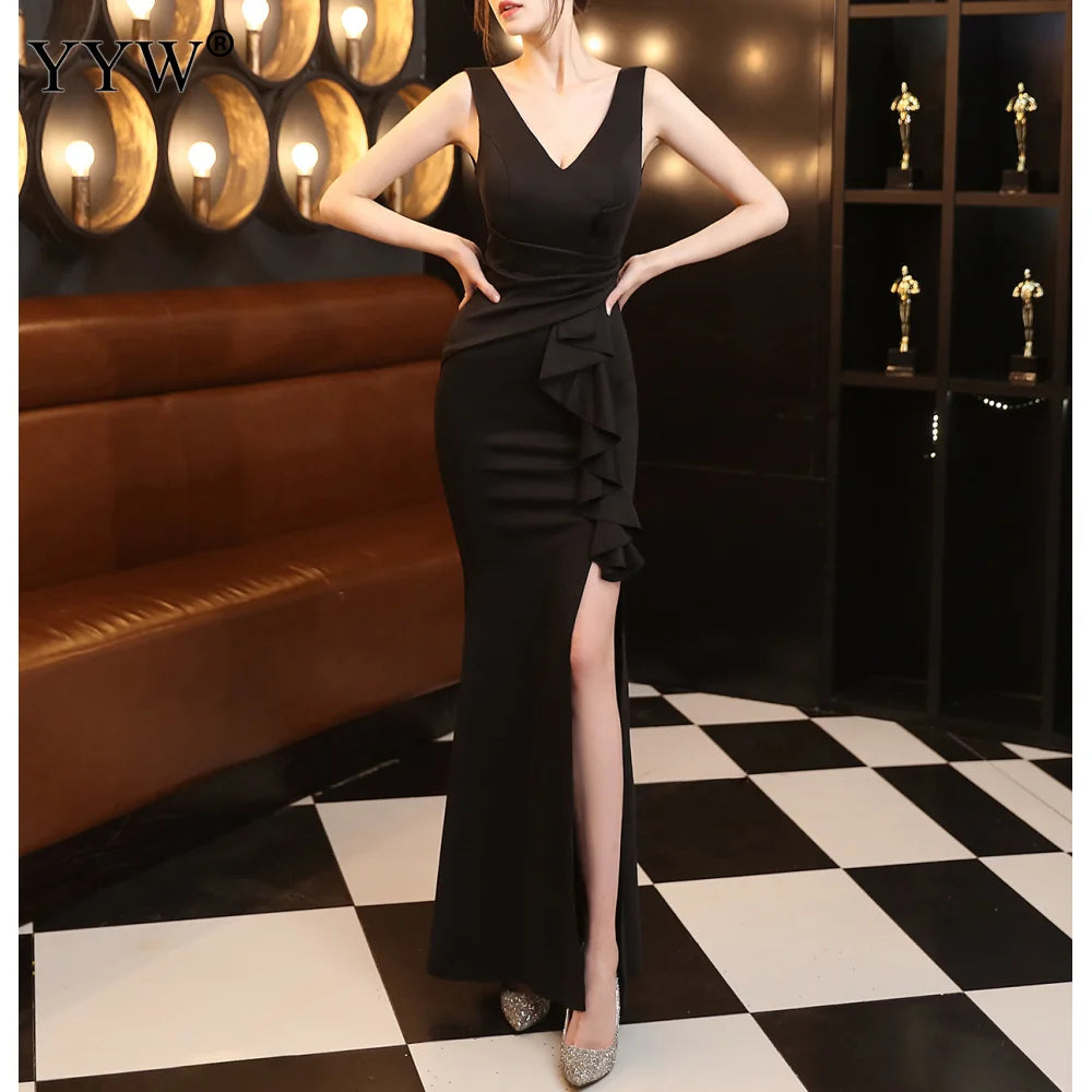 Novo vestido longo de noite feminino sexy com decote em V.