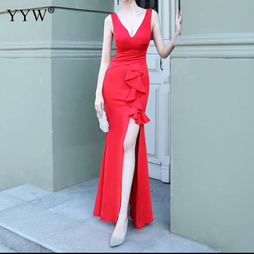 Novo vestido longo de noite feminino sexy com decote em V.