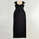 Vestido longo de veludo preto com strass e pérolas,