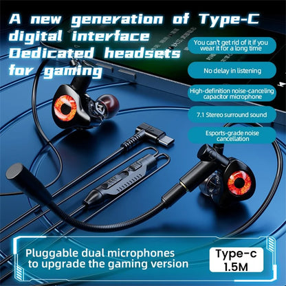 Fones de ouvido com fio tipo C/3,5 mm/USB, fones de ouvido para jogos.