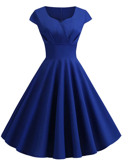 Novo vestido vintage de verão feminino, manga curta, decote em V.
