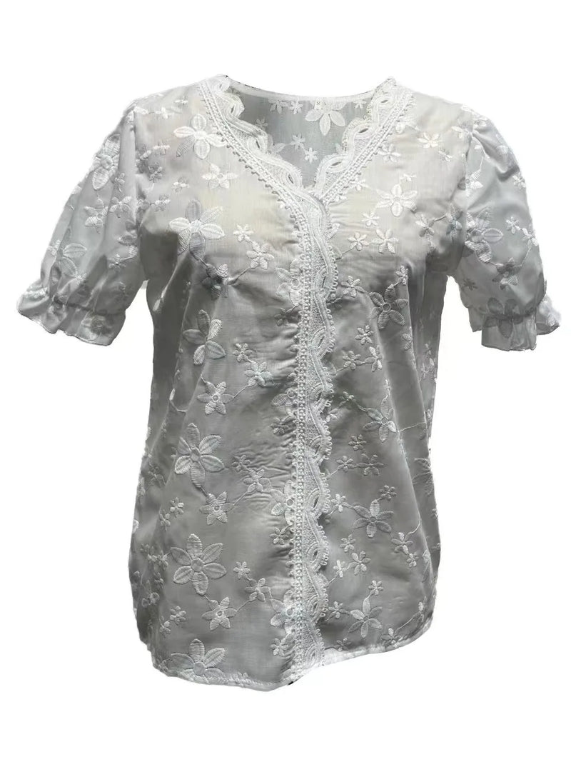 Blusa feminina de renda com decote em v, camisa emendada,tops elegantes.