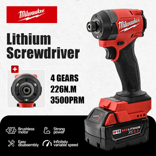 Chave de fenda de impacto Milwaukee M18 com bateria de 1/4 de polegada, furadeira elétrica de impacto 226NM, sem escova.