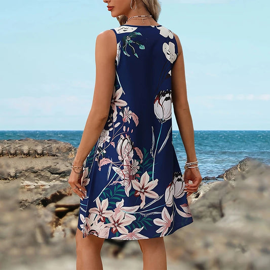 Vestido de flores azul com borda reta para mulher.