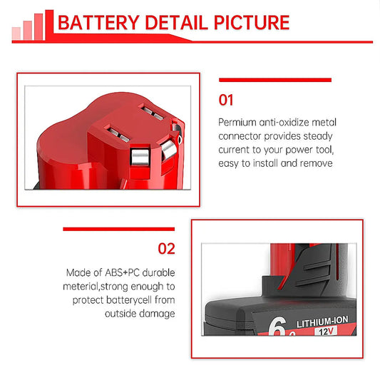 bateria Milwaukee M12 de 6,0 Ah e 12 V com luz recarregável