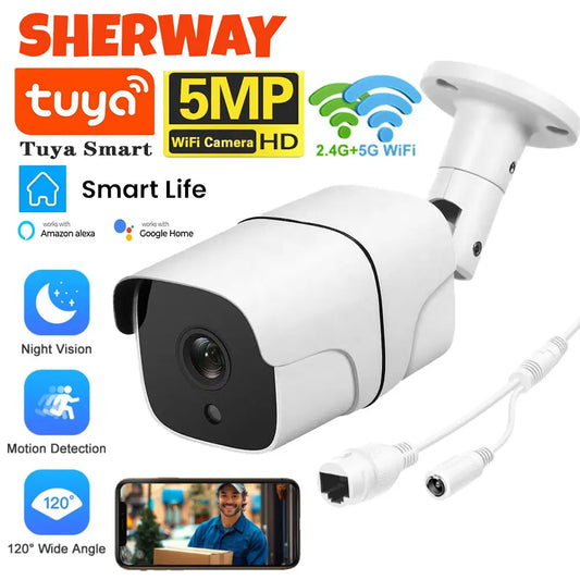Câmera IP Tuya 5G Wifi 5MP, câmera de segurança externa tipo bala.