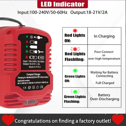 i carregador compacto de bateria portátil 100V-240V para Milwaukee, bateria de lítio de 18V.