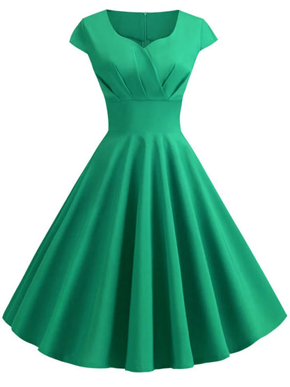 Novo vestido vintage de verão feminino, manga curta, decote em V.