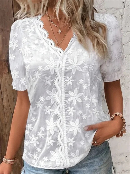Blusa feminina de renda com decote em v, camisa emendada,tops elegantes.