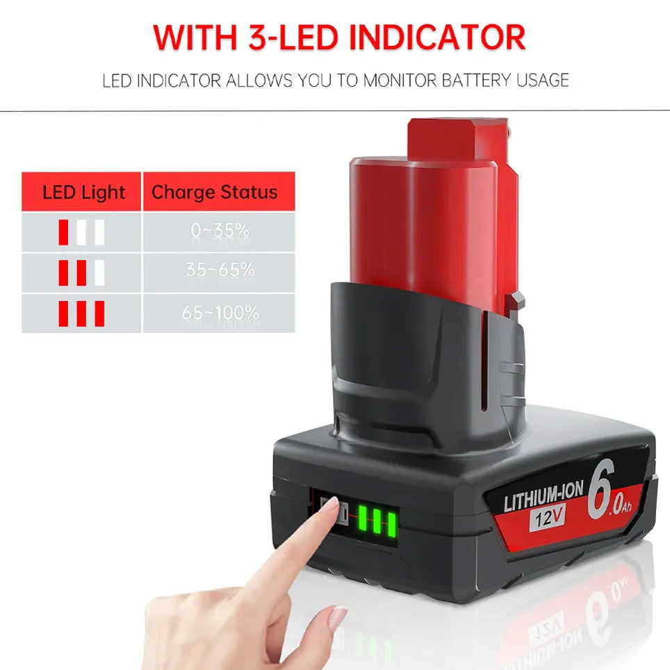 bateria Milwaukee M12 de 6,0 Ah e 12 V com luz recarregável