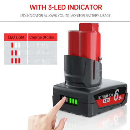 bateria Milwaukee M12 de 6,0 Ah e 12 V com luz recarregável