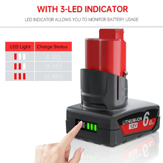 bateria Milwaukee M12 de 6,0 Ah e 12 V com luz recarregável
