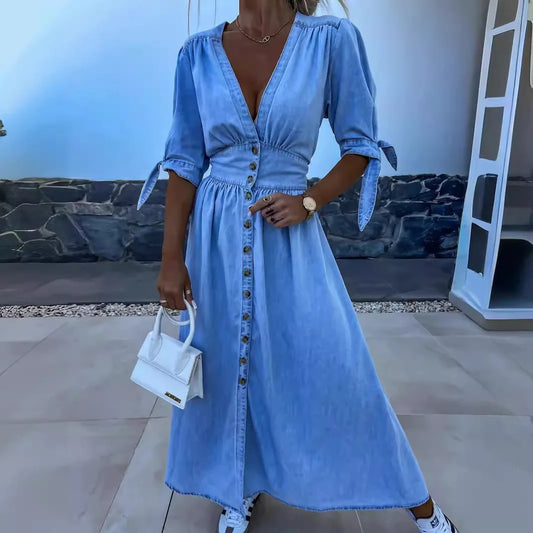Vestidos longos para mulheres, vestido jeans sexy, decote em V,