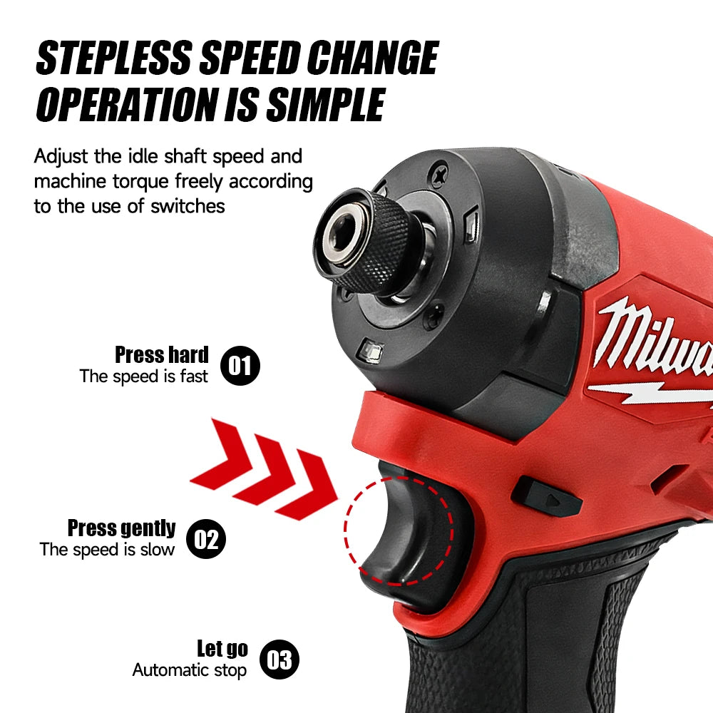 Chave de fenda de impacto Milwaukee M18 com bateria de 1/4 de polegada, furadeira elétrica de impacto 226NM, sem escova.