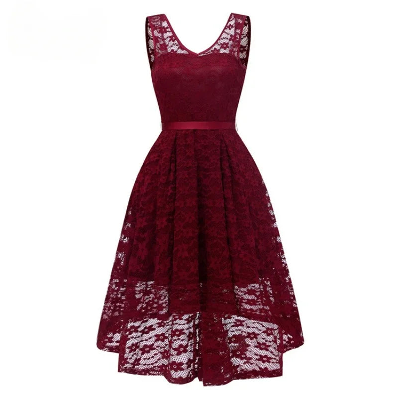 Novo vestido feminino sexy sem mangas, vintage, renda, chiffon, comprimento médio