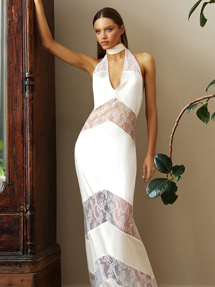Vestido longo de renda com decote em V sexy, elegante, feminino,