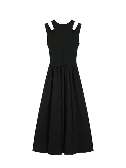 Vestidos femininos pretos elegantes com divisão, sem mangas.
