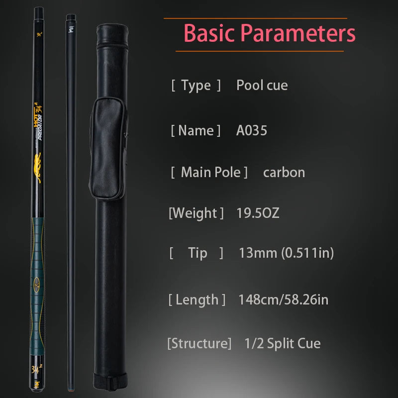 Taco de bilhar profissional de carbono com ponta de 13 mm, cabo de couro