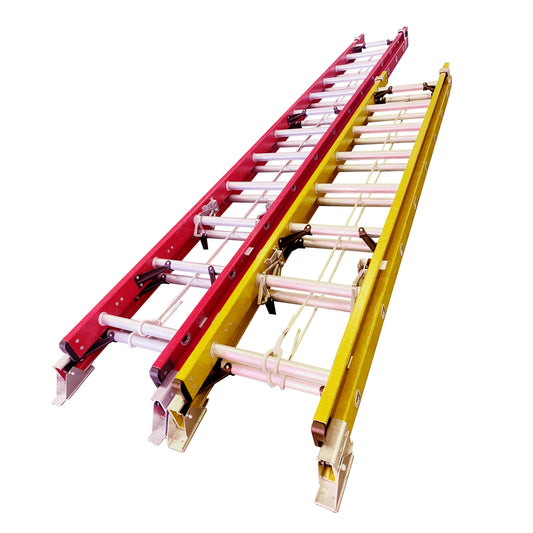Escada extensível de fibra de vidro de 24 pés, 28 pés, 32 pés, 36 pés e 40 pés, escada de segurança vermelha e amarela.