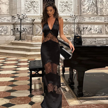 Vestido longo de renda com decote em V sexy, elegante, feminino,