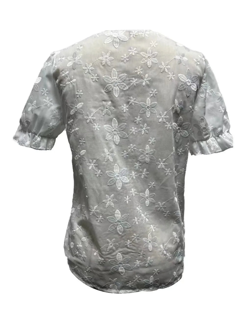 Blusa feminina de renda com decote em v, camisa emendada,tops elegantes.