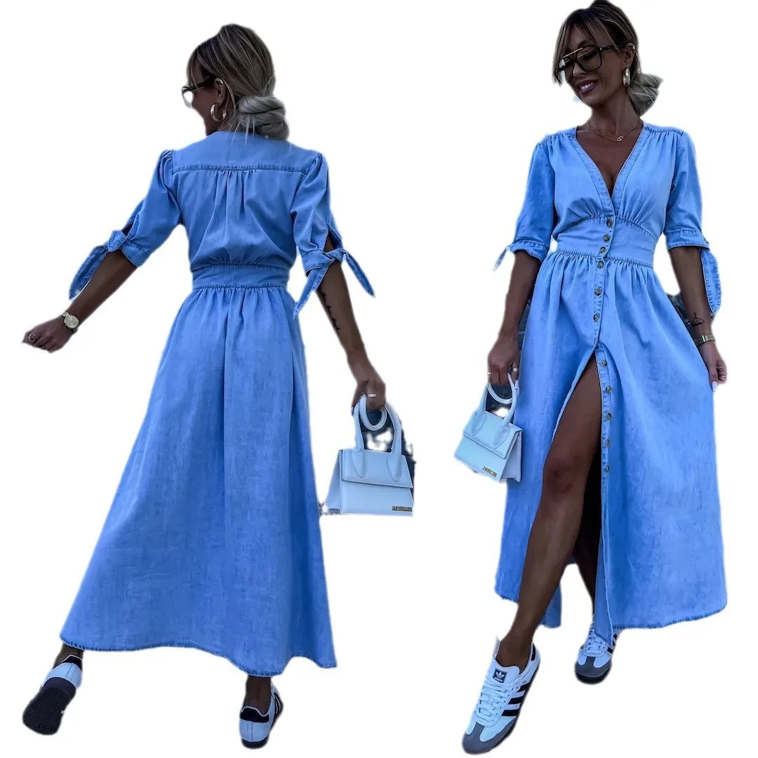 Vestidos longos para mulheres, vestido jeans sexy, decote em V,