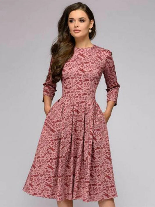 Vestido túnica vintage plissada estampado feminino elegante
