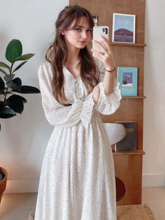 Vestido feminino  de manga comprida, casual, elegante, com decote em V