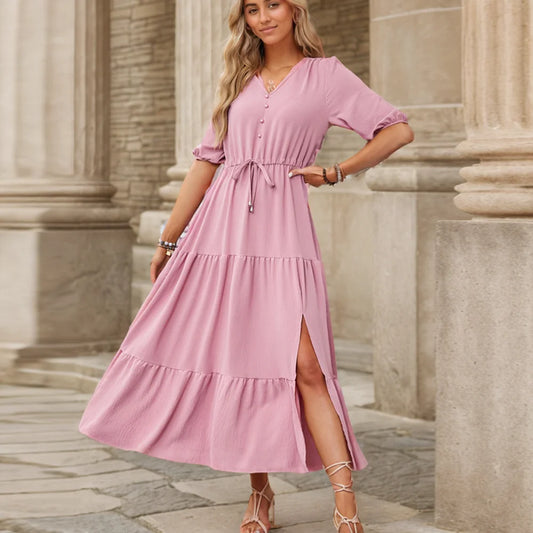 Vestido vintage lindo feminino, moda verão, decote em V, meia manga.
