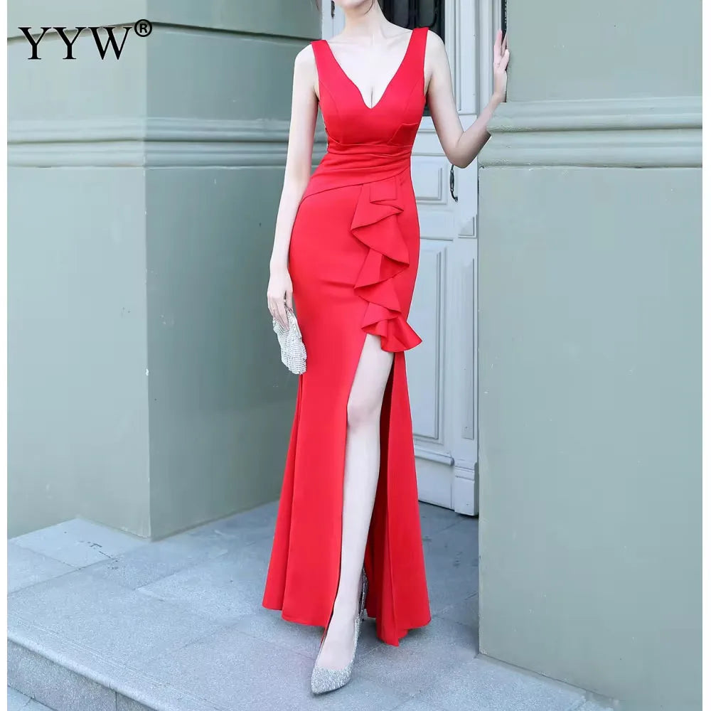 Novo vestido longo de noite feminino sexy com decote em V.