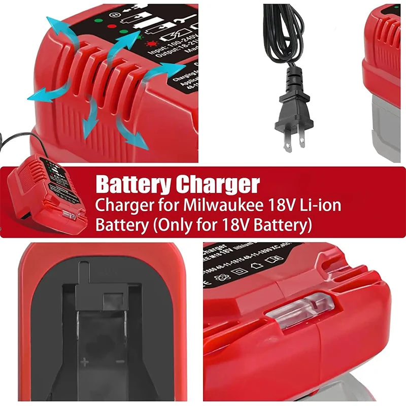 i carregador compacto de bateria portátil 100V-240V para Milwaukee, bateria de lítio de 18V.