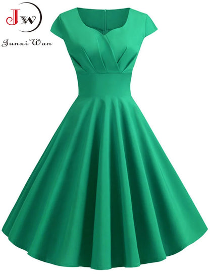 Novo vestido vintage de verão feminino, manga curta, decote em V.