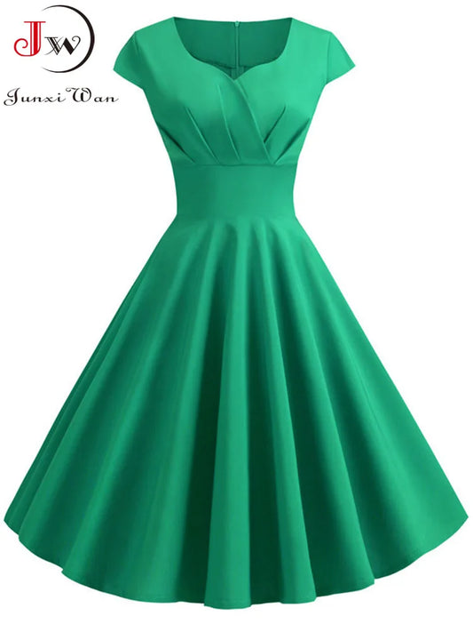 Novo vestido vintage de verão feminino, manga curta, decote em V.