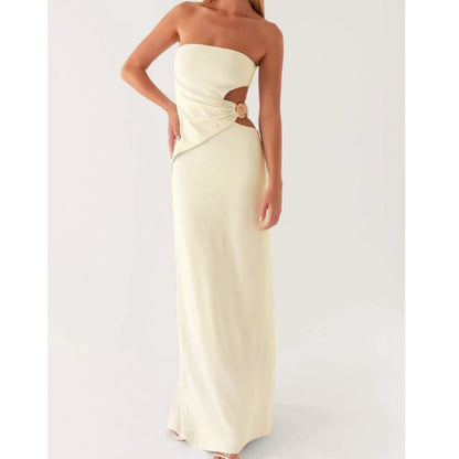 Vestidos  Feminino Sólido Apliques de Flores Sem Alças Vestido Longo.